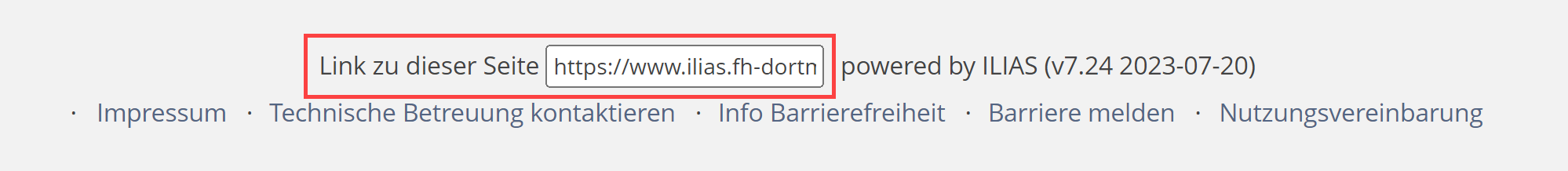 Der Screenshot zeigt den Footer von ILIAS. Ein Rahmen hebt der Permanentlink hervor.