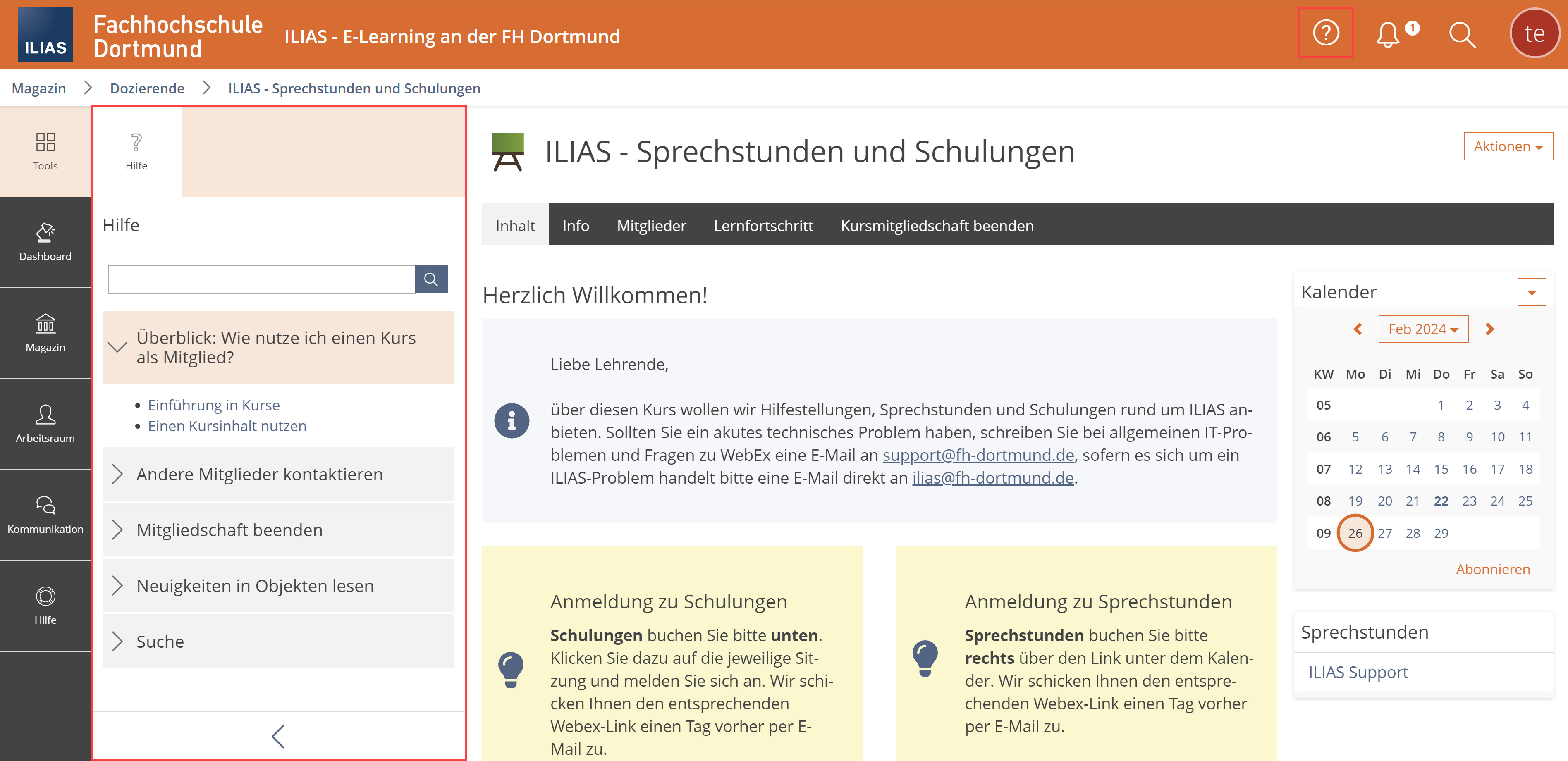 Screenshot, Online-Hilfe im Kontextmenü geöffnet, das Thema "Wie nutze ich einen Kurs als Mitglied?" ist vorausgewählt, rechts wird ein Kurs aus Mitglieder-Sicht angezeigt