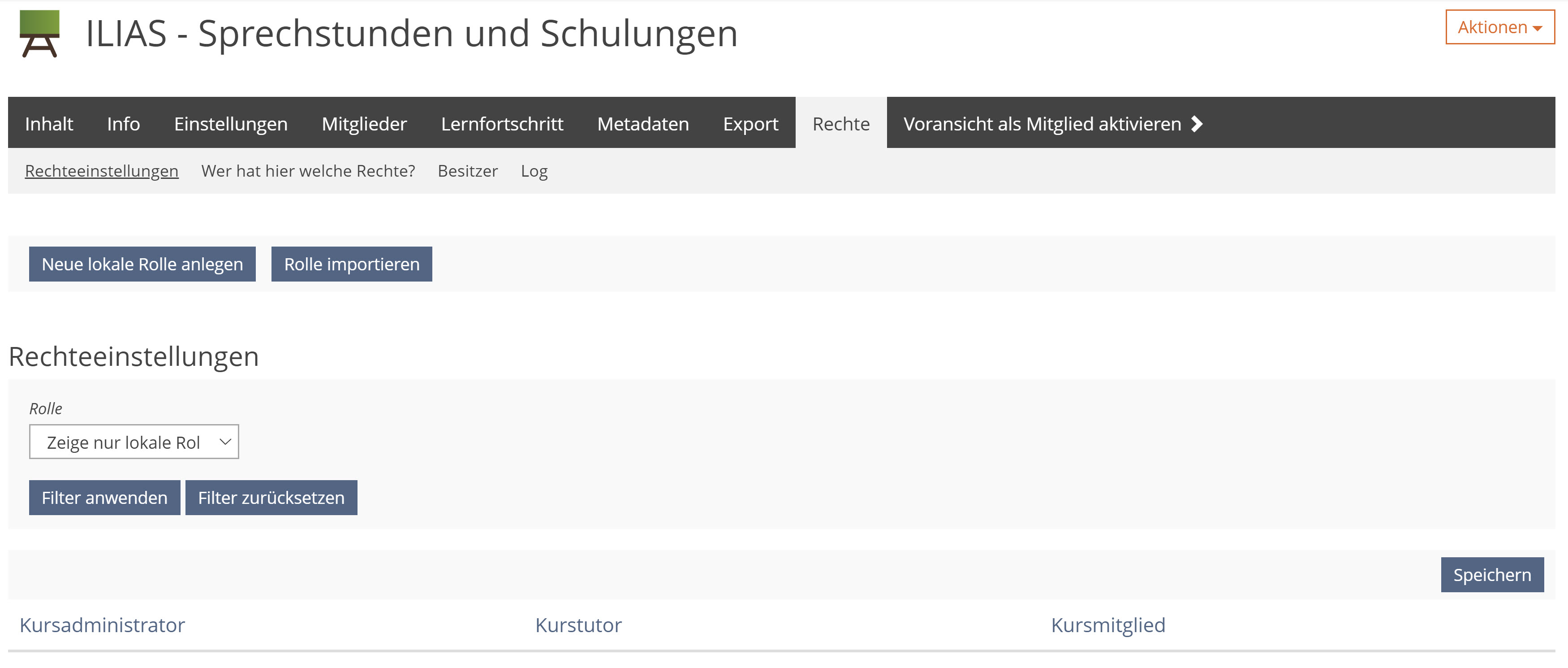 Screenshot, Reiter "Rechte" im Kurs geöffnet, Rollen "Kursadministrator", "Kurstutor" und "Kursmitglied" sind zu sehen