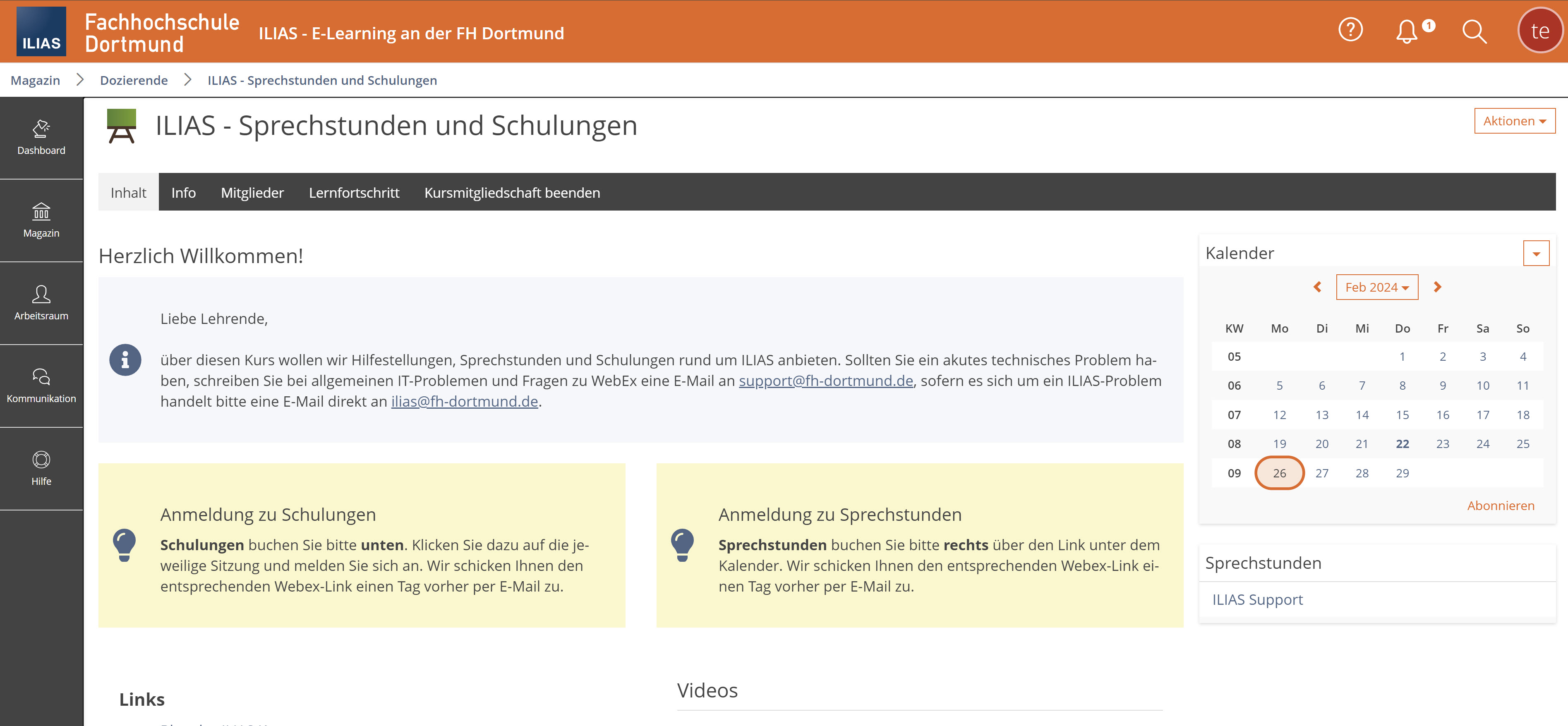 Screenshot des Kurses "ILIAS - Sprechstunden und Schulungen" mit Informationstexten und Hinweisen zur Anmeldung