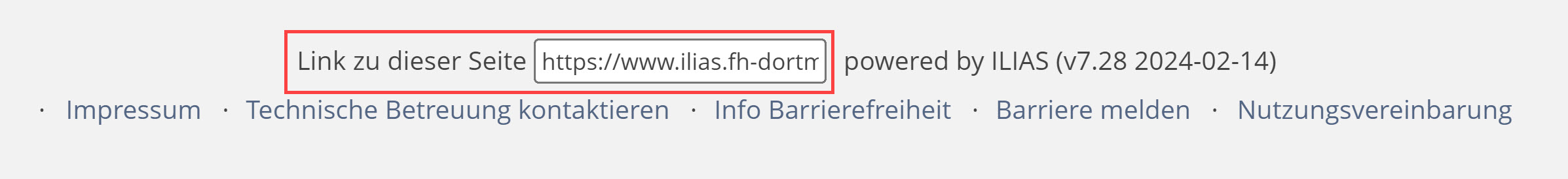 Screenshot vom Footer in ILIAS, der "Link zu dieser Seite" ist hervorgehoben, daneben die ILIAS-Version, darunter eine Sammlung von Links