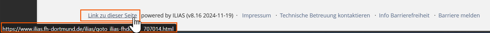 Screenshot vom Footer in ILIAS, der "Link zu dieser Seite" ist hervorgehoben, daneben die ILIAS-Version