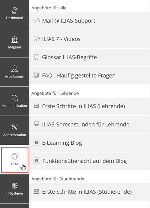 Screenshot, Menüpunkt Hilfe ist geöffnet, im Kontextmenü werden die beschriebenen Unterpunkte angezeigt