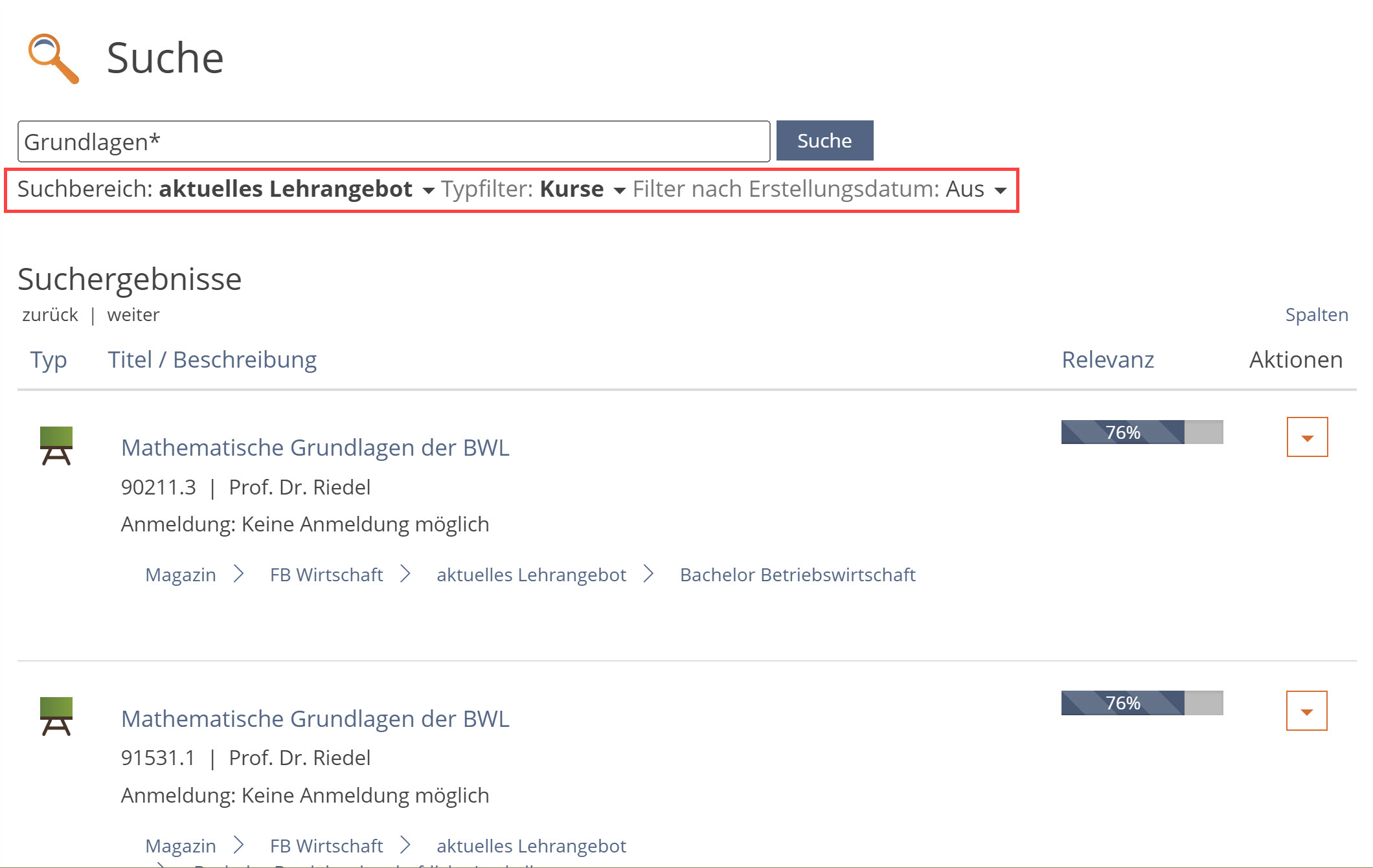 Screenshot der Suche in ILIAS zum Stichwort "Grundlagen", es sind die Ergebnisse zusammen mit ihrer Relevanz aufgelistet