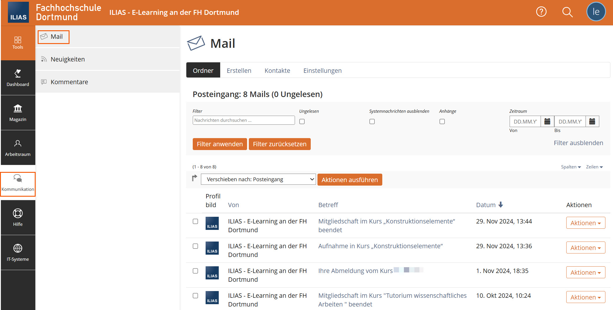 Screenshot der Mailfunktion in ILIAS, Menüpunkt Kommunikation ist geöffnet und der Punkt Mail hervorgehoben, Posteingang mit Mails ist zu sehen