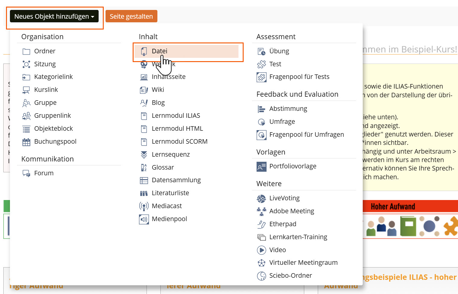 Screenshot, der Button "Neues Objekt hinzufügen" und die Option "Datei" sind hervorgehoben, es sind alle ILIAS-Objekte abgebildet, die erstellt werden können