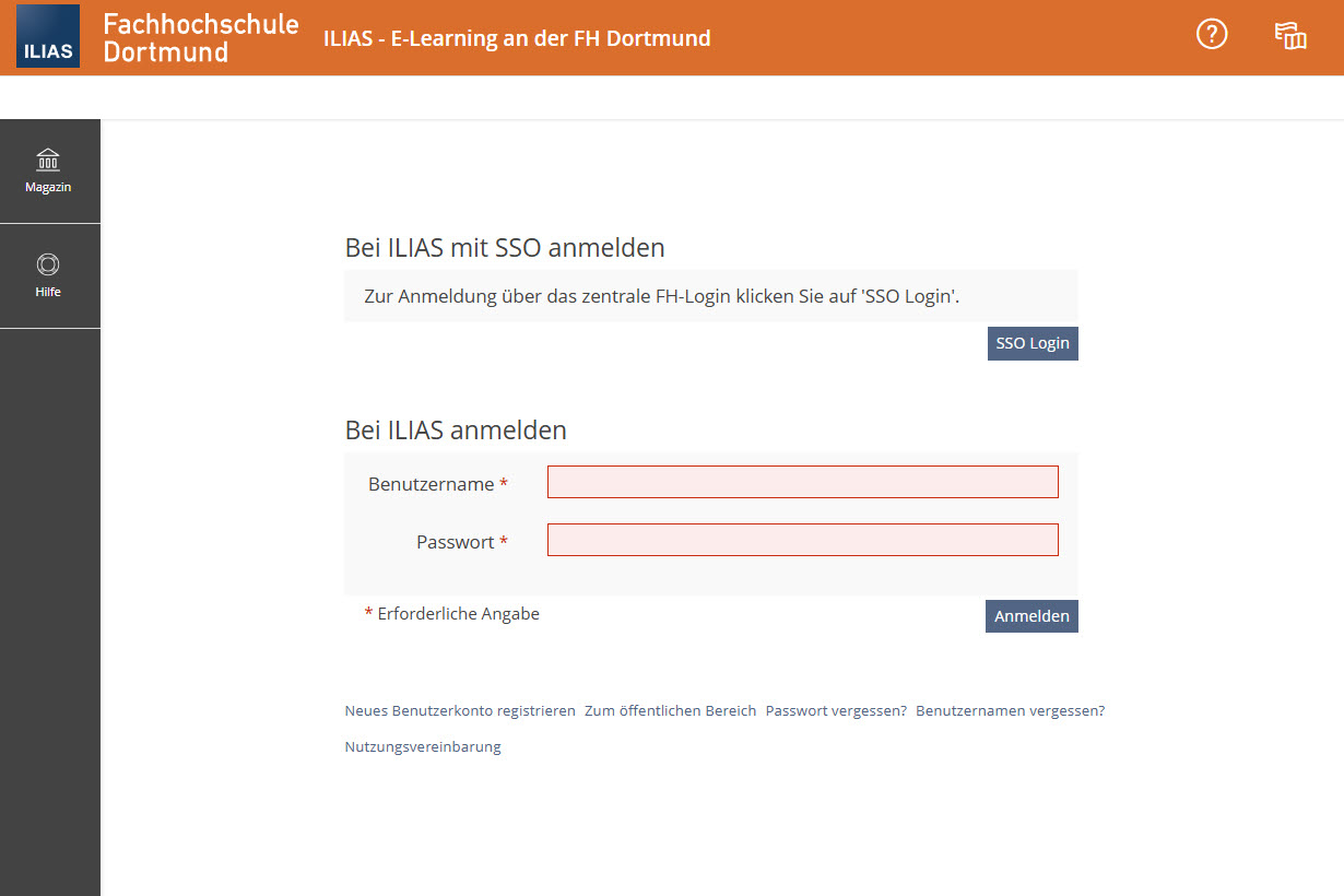 Screenshot Anmeldeseite von ILIAS an der FH Dortmund