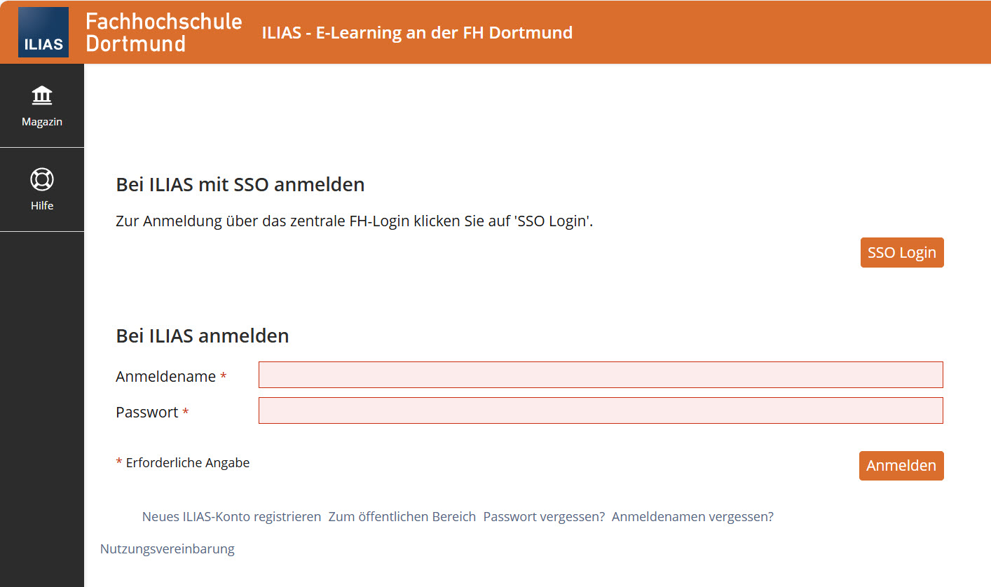 Screenshot Anmeldeseite von ILIAS an der FH Dortmund